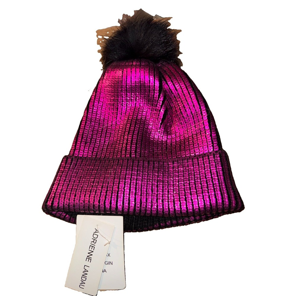 Adrienne Landau Women's Metallic Magenta Beanie with Fox Fur Pom-Pom OS NWT